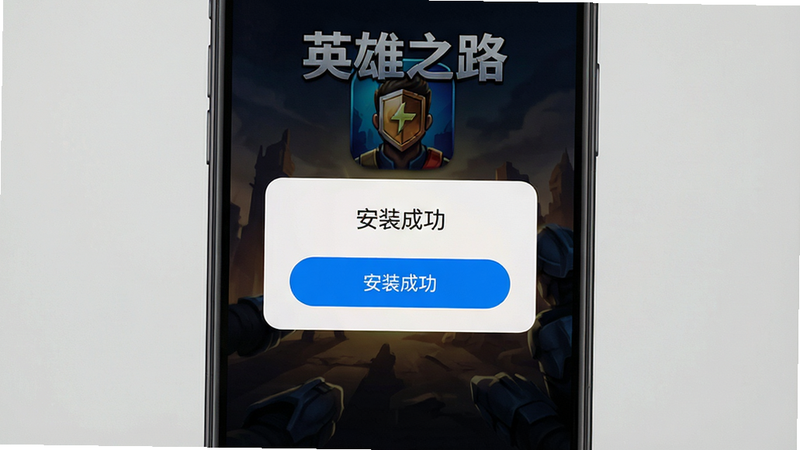 手机屏幕上显示“安装成功”的弹窗,背景是“英雄之路”的启动画面,图标清晰,按钮醒目,风格简洁,高清,无干扰元素