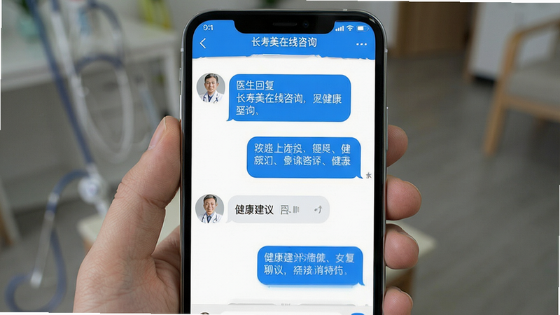 长寿美在线咨询聊天界面,手机屏幕显示对话气泡,布局上下滚动消息流,清爽白色背景,蓝色气泡,细节展示医生头像和文字内容,高清界面截图,文字显示