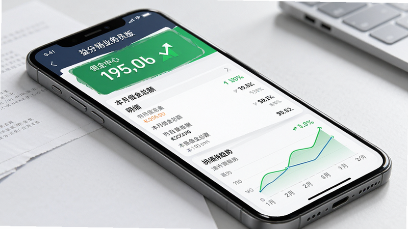 手机界面展示“益分销业务员版”佣金中心,包含本月佣金总额、明细列表及趋势图表,数字醒目,绿色代表收入,界面整洁,商务风格,高清渲染,无多余装饰