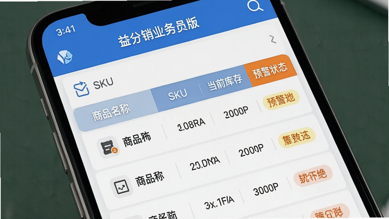 手机屏幕显示“益分销业务员版”库存管理界面,列表形式展示商品名称、SKU、当前库存及预警状态,背景简洁,UI设计现代,图标清晰,色调专业,高清细节,无杂乱背景