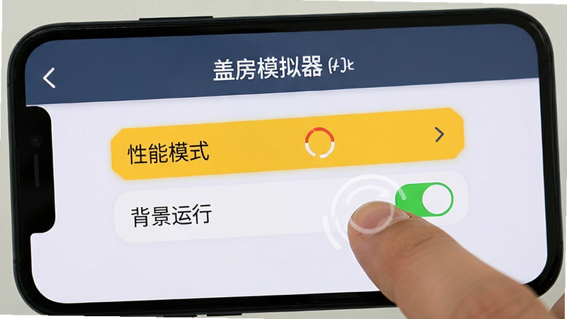 主体是手机屏幕界面,显示《盖房模拟器》的设置选项页面,布局清晰,高亮显示“性能模式”和“背景运行”开关。风格简洁扁平化,细节体现手指点击操作的互动感。画质清晰,干净,无多余元素。