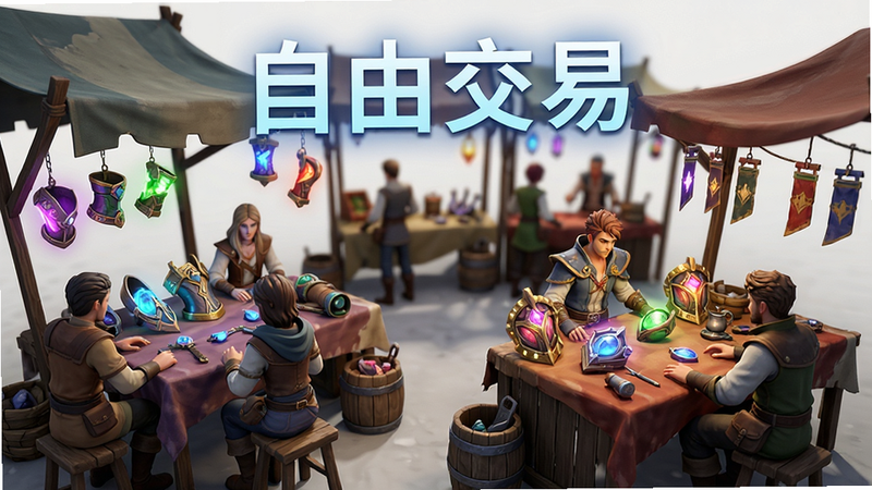 主体为游戏内的摆摊交易场景,布局为多个角色围坐摆摊,展示各种发光装备,排版呈现市集感,风格为魔幻写实,细节展示装备的光泽与纹理,画质极佳,干净无杂乱背景,文字“自由交易”悬浮于上方