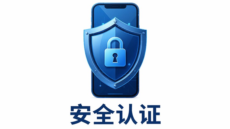 主体为盾牌图标保护手机屏幕的示意图,布局为居中构图,排版简洁有力,风格为科技蓝色调,细节显示盾牌上的锁标志,画质高清,干净无背景,文字“安全认证”位于下方