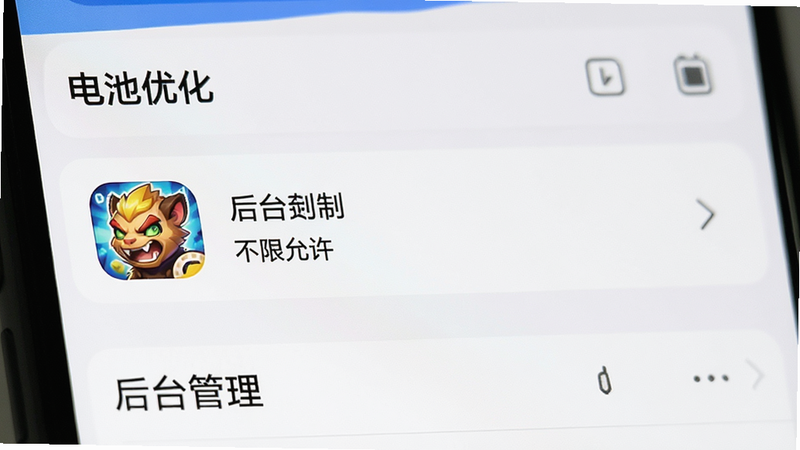 主体为手机设置界面截图,布局展示“电池优化”或“后台管理”选项,排版清晰,风格为简洁UI设计,细节显示游戏图标被标记为“不限制”,画质清晰,干净无多余图标,文字“后台允许”高亮显示