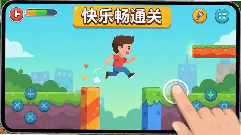 生成一张展示游戏操作界面的截图风格图片,突出手指点击屏幕的动作,屏幕中央显示