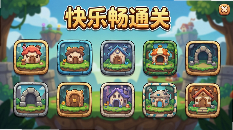 生成一张游戏关卡选择界面的概念图,展示多个不同难度的关卡图标,排列整齐,背景为游戏内场景,显示