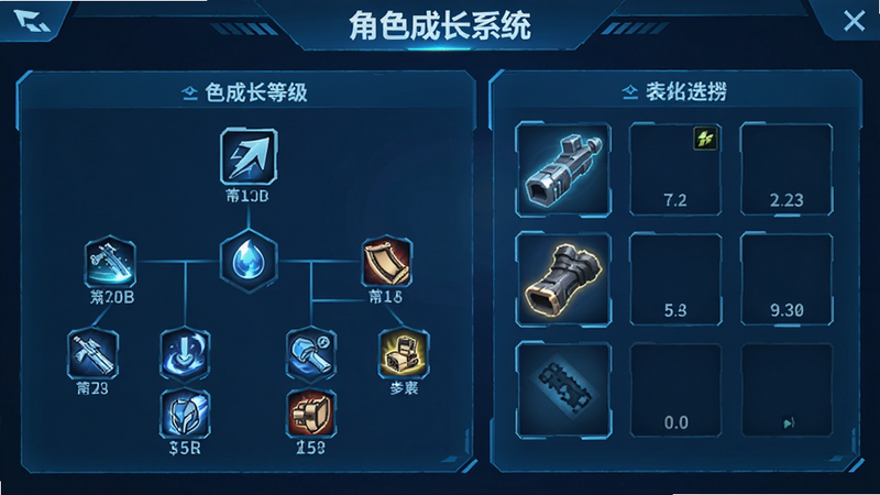 生成一张角色属性界面图,显示等级、技能树、装备栏,主体是UI界面,布局清晰,排版现代化,风格科技蓝,细节显示图标和数值,画质清晰,干净,无多余元素,文字'角色成长系统'