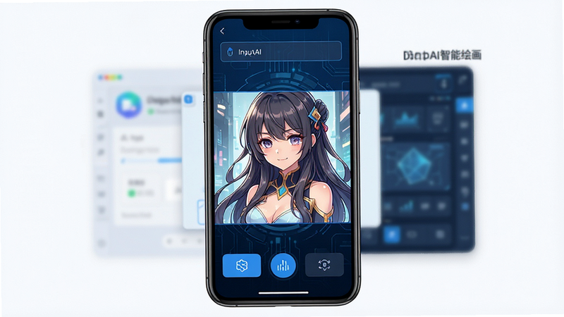 一张展示DeepAI智能绘画软件核心界面的高清预览图,主体为手机屏幕,屏幕内显示着正在生成的精美二次元插画,背景为深蓝色科技感界面,布局清晰,顶部有输入框,底部有功能按钮,排版整齐,风格现代简约,细节丰富,画质清晰,干净,无多余元素,文字内容为