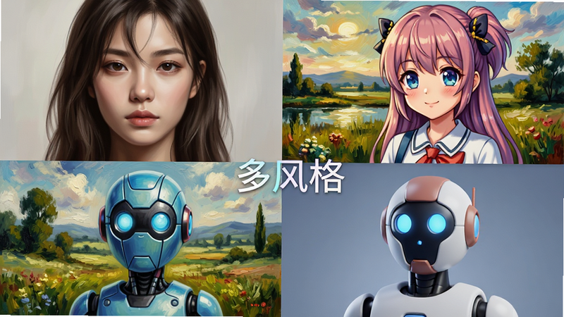 一张四宫格展示不同绘画风格的图片,分别展示写实人像、动漫少女、油画风景和3D机器人,主体为四张不同风格的画作,布局为2x2网格,排版均匀,风格多样且色彩鲜明,细节精致,画质极高,干净,无多余元素,文字内容为