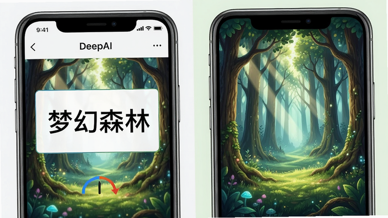 一张展示文字生成图像过程的对比图,左侧为手机界面输入文字“梦幻森林”,右侧屏幕显示生成的梦幻森林插画,主体突出生成速度,布局左右对比,排版清晰,风格清新自然,细节展现树木与光影,画质高清,干净,无多余元素,文字内容为