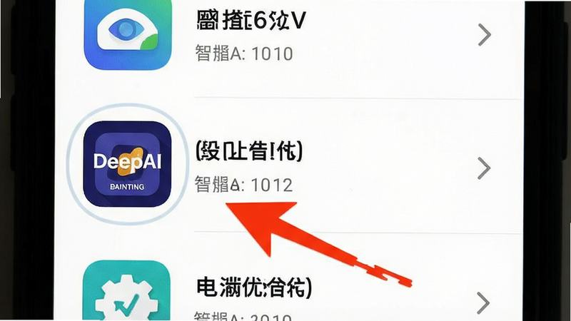 一张展示手机后台管理界面的截图,主体为应用列表,其中DeepAI智能绘画图标被高亮显示,并有一个红色箭头指向电池优化设置,布局清晰,排版标准,风格扁平化,细节展示操作路径,画质清晰,干净,无多余元素,文字内容为