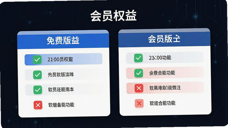一张展示软件会员权益对比的图表,主体为两个并列的卡片,左侧为免费版,右侧为会员版,用对勾和叉号区分功能,布局对称,排版简洁,风格商务简约,细节清晰,画质高清,干净,无多余元素,文字内容为