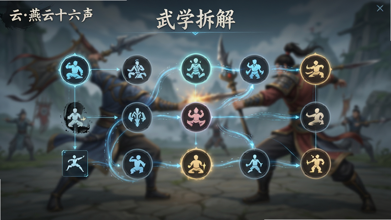 展示《云燕云十六声》的武学拆解界面,屏幕中央悬浮着多个可拖拽的招式图标,线条连接形成连招链路。背景是虚化的战斗场景,突出UI设计的科技感与古风融合。布局清晰,图标分布均匀。排版现代扁平化与水墨风结合。风格精致,色彩鲜明。细节展示图标高亮效果与连接线的动态流动感。画质高清,干净,无多余元素,文字“武学拆解”清晰可见。