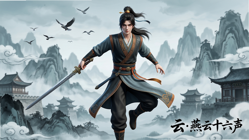 主体为《云燕云十六声》游戏核心角色,身着宋代风格劲装,手持长剑,姿态轻盈,背景是水墨晕染的广阔山川与古风建筑。布局采用中心构图,角色占据画面C位,周围点缀飞鸟与云雾。排版简洁大气,突出侠客气概。风格为国风写实3D渲染,色调以青灰、墨黑为主,辅以少许暖色点缀。细节丰富,衣物纹理清晰,光影效果自然。画质4K超清,干净无多余元素,文字“云燕云十六声”以书法字体浮现于角落。