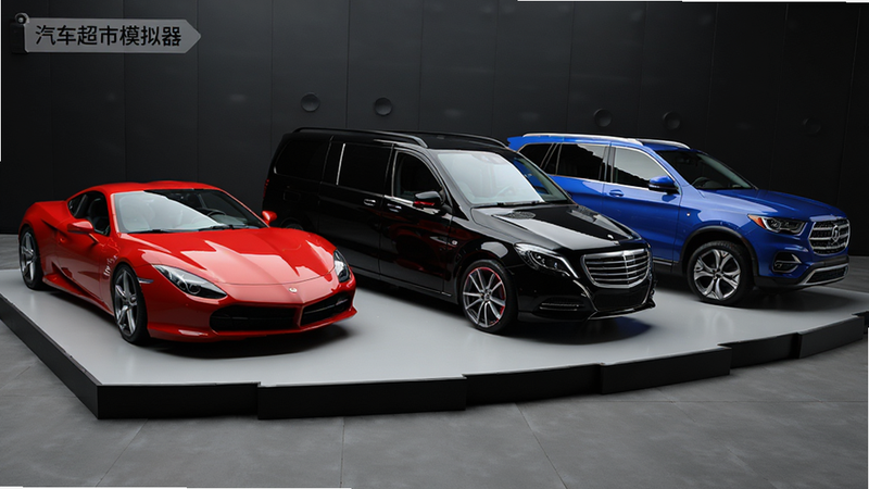����Ϊ����ͣ����չʾ̨�ϵĺ�����������ɫ�ܳ�����ɫ��������ɫSUV�����ֳ��������У�����Ϊ��ɫչ��ǽ�棬���Ϊ�߶�������Ӱ��ϸ��ͻ����������������ƣ����ʳ��壬�ɾ����޶���Ԫ�أ����ֱ�ǩ����'��������ģ����'