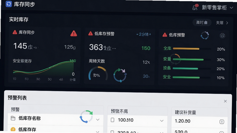 主体为库存管理模块界面,布局分为上下两部分,上部为“实时库存”仪表盘,显示各仓库剩余数量及周转天数,下部为“预警列表”,展示低库存商品名称及建议补货量,排版紧凑有序,风格为科技感数据可视化,细节包含红色警示图标、绿色安全库存标识、动态刷新加载动画,画质清晰,干净,无多余元素,文字需显示“库存同步”、“低库存预警”、“新零售掌柜”