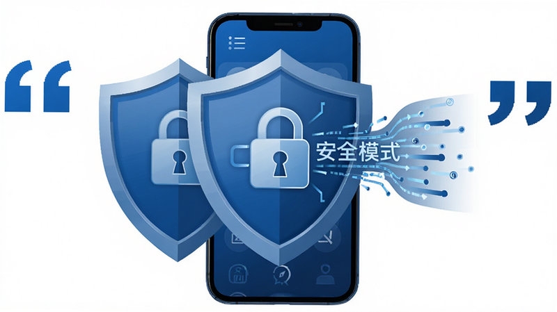 主体为盾牌保护图标与手机界面结合,布局安全中心风格,排版对称,风格为商务蓝色调,细节展现锁形图标与数据流,画质清晰,干净无背景干扰,文字“安全模式”加引号