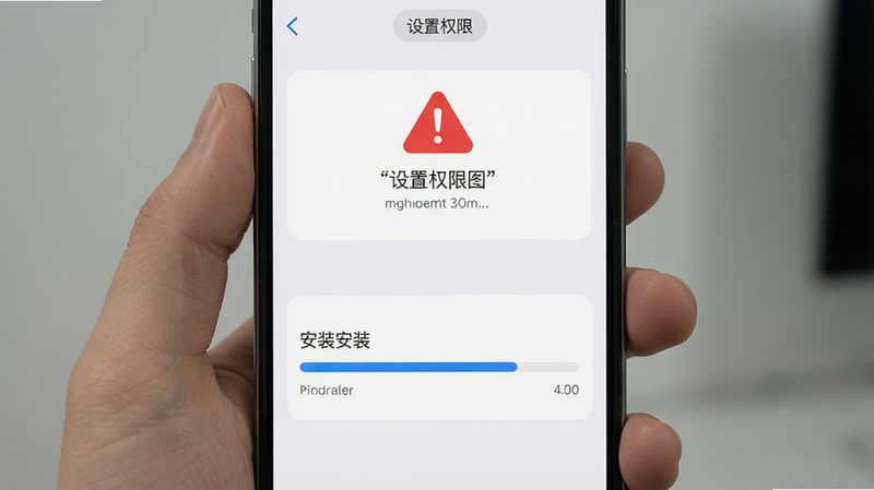 主体为手机设置界面与安装进度条,布局清晰展示操作路径,排版垂直排列,风格为简约UI设计,细节突出红色警告图标,画质高清,干净无遮挡,文字“设置权限”加引号