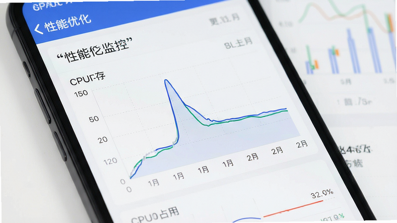 主体为手机性能监控界面,布局展示CPU与内存占用曲线,排版图表化,风格为数据可视化,细节清晰显示峰值,画质清晰,干净无杂乱线条,文字“性能优化”加引号