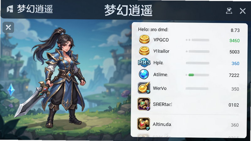 主体为游戏内挂机界面,布局为左侧角色站立,右侧显示资源获取列表,排版清晰易读,风格为UI设计图,细节包含金币、经验、装备图标,画质清晰,干净简洁,文字'梦幻逍遥'作为标题,字体现代
