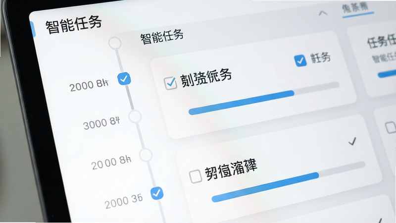 主体为超能派的任务列表界面特写,布局为左侧时间轴右侧任务卡片,排版整齐,风格为清新简约,细节显示任务勾选框与进度条,画质高清,干净无杂色,文字标注