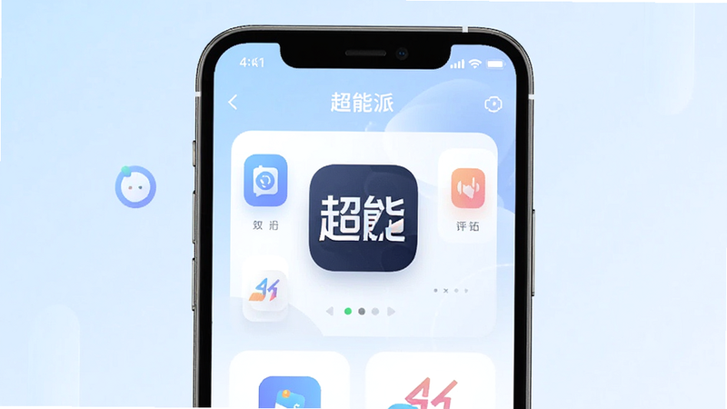 主体为超能派APP的高清手机界面展示,布局采用居中卡片式设计,排版简洁明了,风格为现代扁平化科技风,细节包含清晰的功能图标与柔和的色彩过渡,画质4k高清,干净无多余元素,背景为淡蓝色渐变,文字标注