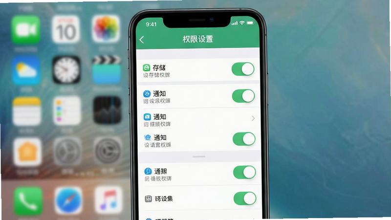 主体为手机设置权限界面示意图,布局为列表式展示存储、通知等选项,排版垂直分布,风格为iOS与Android混合通用风格,细节显示开关按钮状态,画质清晰,干净无杂点,文字标注