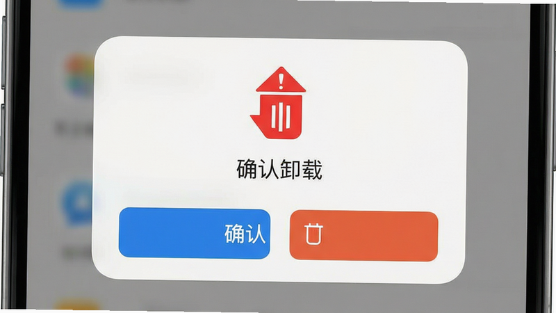 主体为手机应用卸载确认弹窗界面,布局居中显示警告图标与确认按钮,排版简洁,风格为系统原生UI,细节显示红色删除图标,画质高清,干净无背景干扰,文字标注