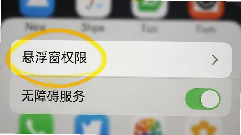 手机设置界面截图,高亮显示“悬浮窗权限”和“无障碍服务”开关,背景模糊处理,强调关键设置项,清晰,教程风格,无多余文字