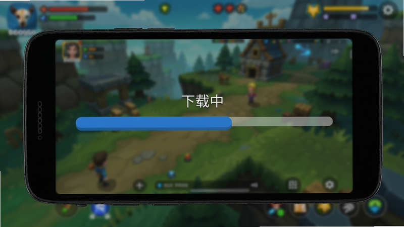 Boogu-Image风格,主体为安卓手机界面截图,显示应用商店下载进度条,背景是模糊的游戏场景,进度条为蓝色,文字