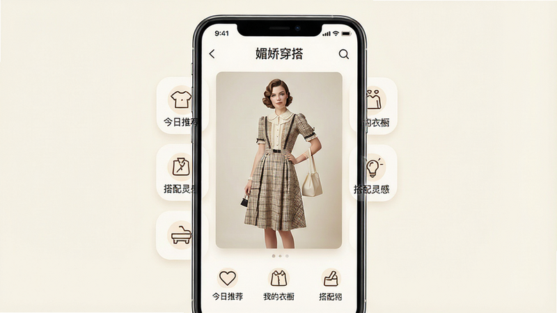 һ�Ÿ����ֻ�Ӧ�ý���չʾͼ������Ϊ���Ľ����APP������Ļ������Ϊ��͵��װ�ɫ������չʾһλ���ŷ�ʽ��������ȹ��Ů��ģ�أ���Χ�����š������Ƽ��������ҵ��³�������������С���ͼ�꣬�Ű��������򣬷�����¼�Լ��ϸ�ھ��£������������ɾ��޶���Ԫ�أ����ֱ�ǩ�����ɼ�
