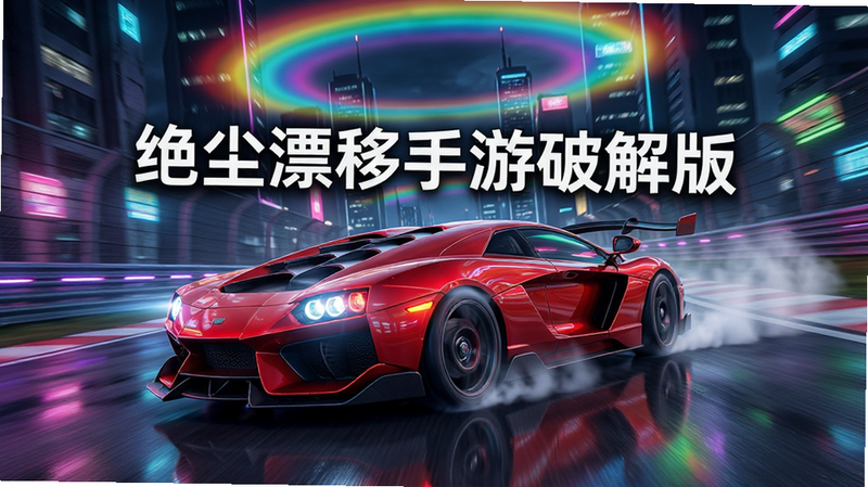 生成一张高清的游戏宣传海报,主体是一辆炫酷的红色超跑在霓虹灯闪烁的夜间赛道上漂移,车身带有动态模糊效果以体现速度感,背景是赛博朋克风格的城市建筑,天空中有彩虹色的光晕,布局居中,排版简洁大气,风格为写实3D渲染,细节丰富展现轮胎烟雾和路面反光,画质4K高清,干净无多余元素,图片中央醒目位置包含文字“绝尘漂移手游破解版”