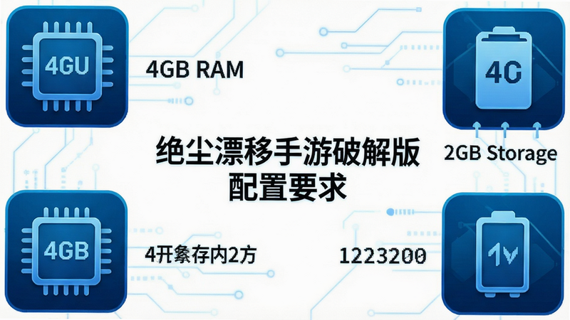 生成一张展示手机硬件配置要求的图标组合图,包含CPU、内存、存储空间的图标,旁边配有“4GB RAM”、“2GB Storage”等文字标注,布局平衡,排版清晰,风格为科技蓝色调,细节简洁,画质高清,干净无杂乱背景,图片中心包含文字“绝尘漂移手游破解版 配置要求”