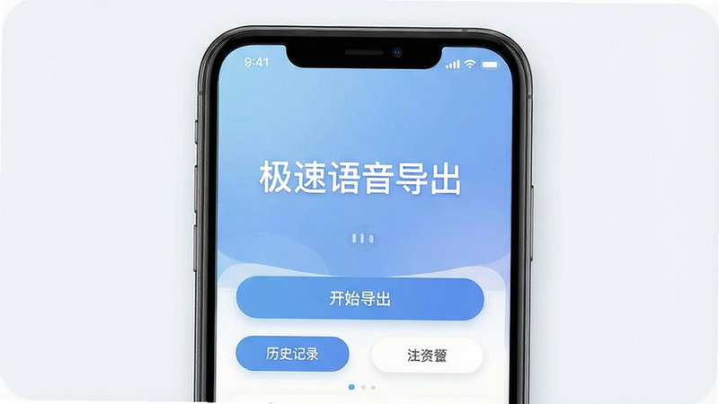 一张简洁现代的APP界面展示图,主体为手机屏幕,屏幕上显示“极速语音导出”字样,背景为柔和的蓝色渐变,布局清晰,包含“开始导出”、“历史记录”等按钮,风格扁平化,细节精致,画质高清,干净无多余元素
