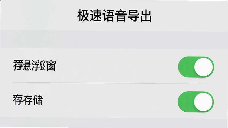 手机屏幕截图风格,显示“极速语音导出”的权限设置界面,高亮显示“悬浮窗”和“存储”权限开关,背景为浅灰色,文字清晰,布局简洁,画质高清,干净无多余元素