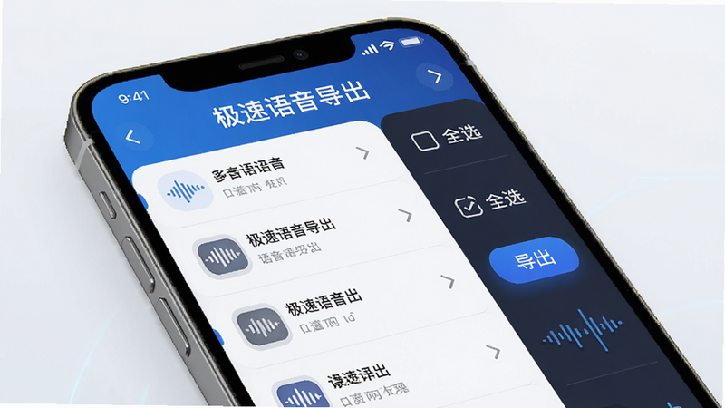 展示软件批量处理界面的示意图,手机屏幕上列表显示多条语音记录,右侧有“全选”和“导出”按钮,上方显示“极速语音导出”标题,风格科技感强,布局整齐,细节丰富,画质清晰,干净无多余元素