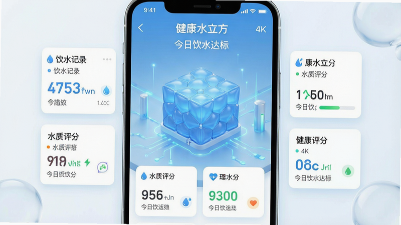 һ�Ÿ����ֻ�Ӧ�ý���չʾͼ������Ϊ������ˮ������APP�������棬����������������ʾһ���������ɫˮ����ͼ�꣬��Χ��������ˮ��¼��ˮ�����ֵ����ݿ�Ƭ���Ű��������򣬷��Ϊ�ִ��������壬ϸ�ڴ����ֿƼ��������¸У�����4K���ɾ��޶���Ԫ�أ��������ݰ���������ˮ�������͡�������ˮ��ꡱ