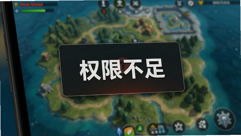 主体为手机屏幕特写,显示游戏内的错误提示界面,布局简洁,中心弹窗显示“权限不足”字样,背景为模糊的游戏地图,风格为写实UI设计,细节清晰,字体醒目,画质高,无多余干扰元素,突出问题解决的主题