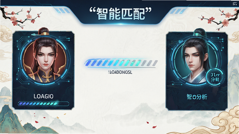 主体为游戏匹配界面示意图,布局左右对称,展示双方头像与分数对比,排版清晰,风格为科技感与国风结合,细节包含动态加载进度条与智能分析标识,画质高清,干净,文字“智能匹配”加引号