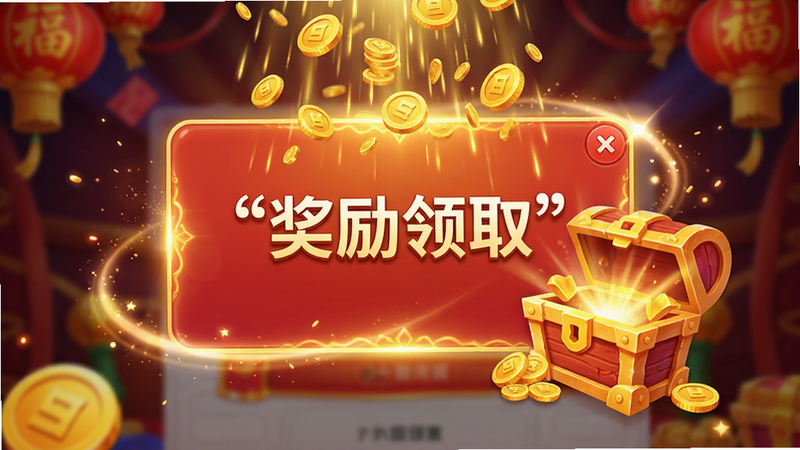 主体为奖励发放弹窗界面,布局中心突出,展示金币雨与宝箱开启效果,排版华丽但不杂乱,风格为喜庆热闹,细节包含粒子特效与光晕渲染,画质高清,干净,文字“奖励领取”加引号