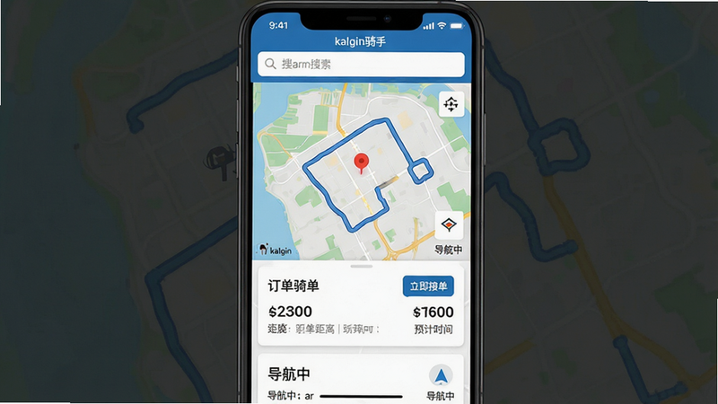 主体为kalgin骑手应用的主界面截图,布局呈现典型的移动APP风格,顶部为状态栏与搜索框,中部为地图区域显示蓝色路线与红色定位点,底部为订单列表卡片,排版整齐,风格为扁平化UI设计,细节包含订单金额、距离、预计时间等数据,画质高清,干净无多余元素,文字包含