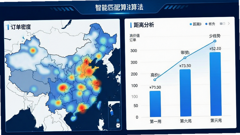 主体为智能匹配算法的数据可视化图表,布局为左右分栏,左侧是地图热力图显示订单密度,右侧是柱状图显示不同距离的单价对比,排版清晰,风格为科技感蓝白配色,细节包含数据标签与趋势线,画质清晰,干净无多余元素,文字包含