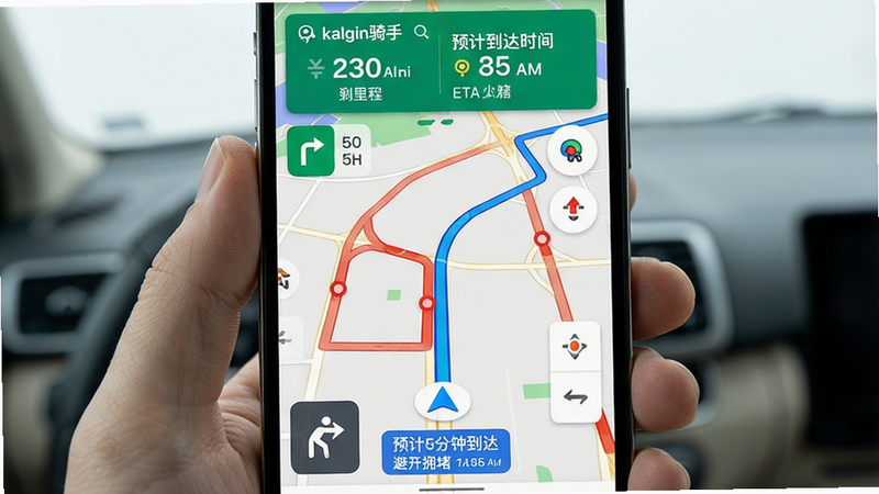 主体为手机导航界面,布局为全屏地图,上方悬浮显示当前速度与预计到达时间,中间为蓝色导航线,周围有红色拥堵路段标识,排版简洁,风格为现代极简风,细节包含转向箭头、剩余里程、ETA时间,画质高保真,干净无多余元素,文字包含