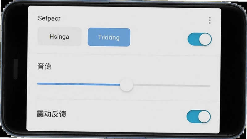 主体为金玉合不停在安卓手机上的设置界面截图,布局显示画质选择、音量调节、震动反馈等选项,背景为浅灰色,风格为现代简约UI,细节包含开关按钮的高亮状态,画质清晰,干净,无多余元素