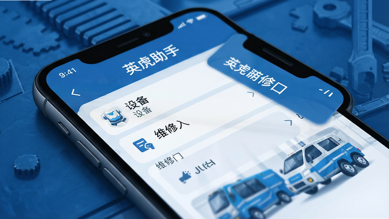 手机屏幕特写,显示“英虎助手”APP界面,背景为工业蓝色调,界面清晰展示设备列表和维修入口,风格现代简洁,高清晰度,无多余水印,主体突出