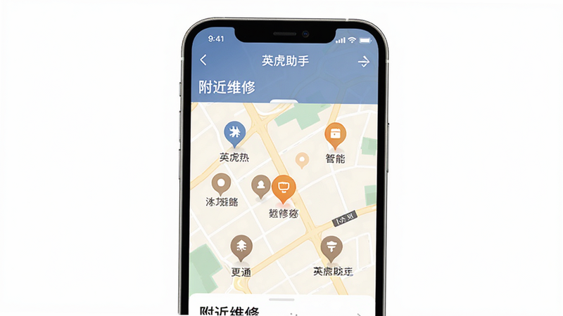 手机界面展示“英虎助手”APP的“附近维修”地图页面,地图上有多个标记点,界面清晰,色调温馨,风格扁平化,高分辨率,无水印