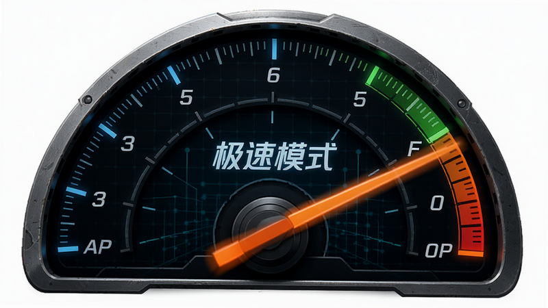 主体为“舞彩”APP的速度测试仪表盘,布局为半圆形刻度盘,指针指向最高速度区域,排版紧凑有力,风格工业风与数字风结合,细节包含指针的动态模糊效果与背景的科技网格,画质高清锐利,画面干净无冗余,文字显示