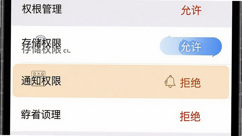 主体为手机设置界面截图,显示权限管理列表,其中“存储权限”和“通知权限”被高亮选中,背景为白色,布局为垂直列表,风格为简洁UI,细节清晰,文字