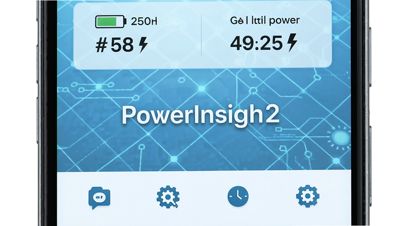 һ���ִ���Լ���������ֻ�������д����Ļ������ʾ�š�PowerInsight2��Ӧ�ý��棬����Ϊ����ɫ�Ƽ����񣬽��涥���������ĵ����ٷֱȺͷ��繦�����֣��ײ����ĸ�����ͼ�꣬������ɾ���רҵ���޶���װ�Σ����廭��