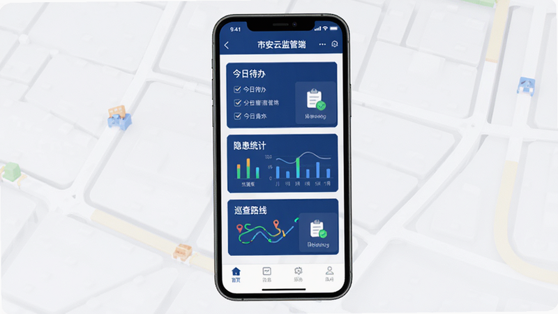 主体展示“市安云监管端”APP的手机界面,布局清晰,顶部显示导航栏,中部为“今日待办”、“隐患统计”、“巡查路线”三个主要功能卡片,底部为简洁的标签栏,风格为现代扁平化商务UI,色彩以深蓝和白色为主,细节丰富,高清画质,干净无多余元素